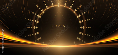 Scene glowing golden ray with strar lighting effect on black background.