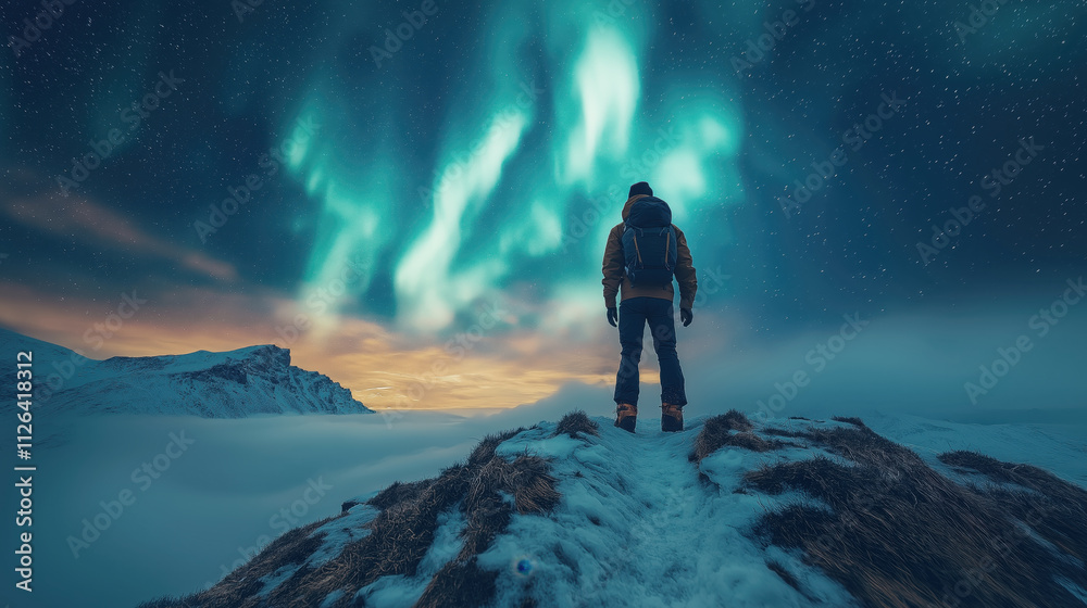 Solo traveler gazing at the Northern Lights in a snowy landscape Solo traveler gazing at the Northern Lights in a snowy landscape
