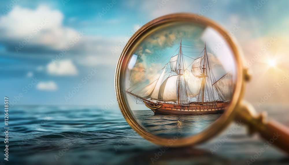 A ship seen through the lens of a spyglass, its edges blurred for a dreamlike effect.  Generative AI.