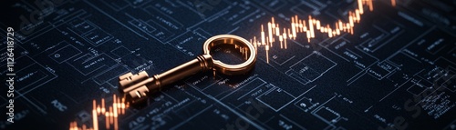 A golden key rests on a digital background, symbolizing unlocking potential and access to financial growth or data insights through technology.