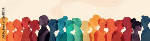 Diverse group silhouette of multicultural people seen from the side. A community of colleagues or collaborators. Negotiation, agreement, or pact. Collaborators co-workers and harmony