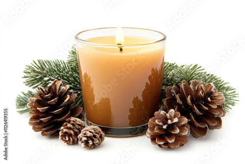 A serene candle surrounded by pine cones and evergreen branches. photo