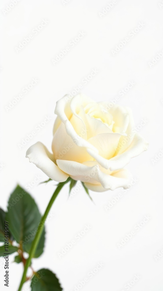Single white rose with delicate petals on an isolated white background, background Single white rose with delicate petals on an isolated white background, background