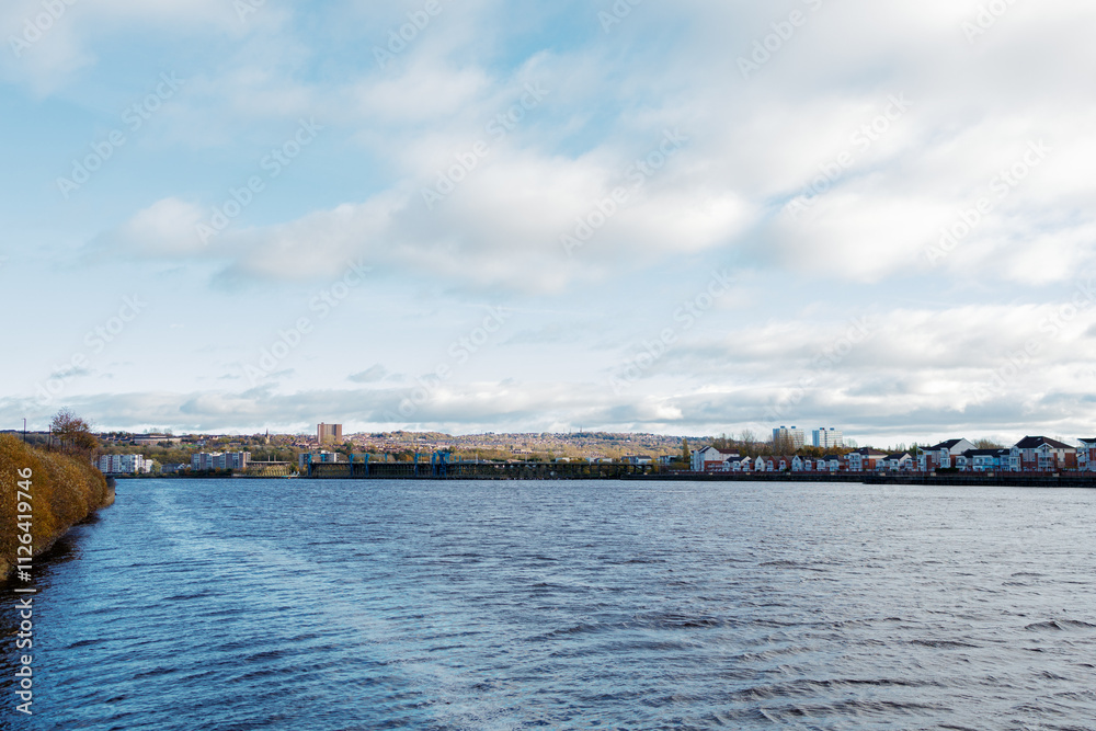 Gateshead UK: 29th Oct 2024: Dunston Staiths view from Newcastle side of the River Tyne on a sunny autumn day Gateshead UK: 29th Oct 2024: Dunston Staiths view from Newcastle side of the River Tyne on a sunny autumn day