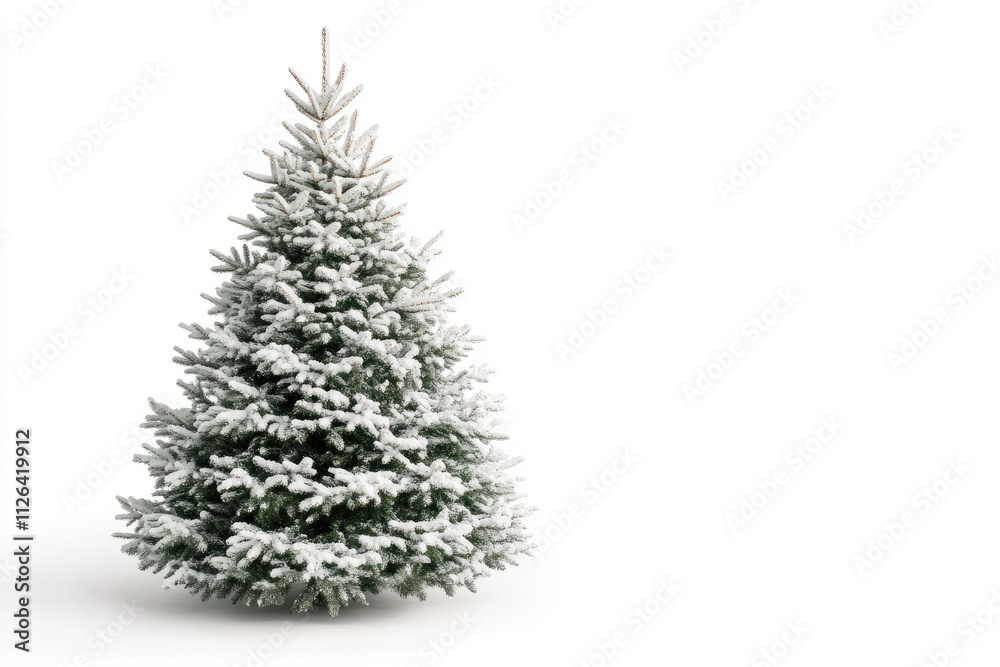 Fototapeta premium Snow-covered Christmas tree on a white isolated background.