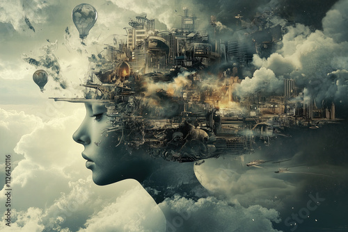 Surreal digital artwork of a woman's head with floating islands and industrial elements, blending reality and fantasy in the sky. 