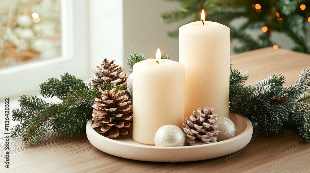 Elegant holiday table setting with candles and pinecones home decor Elegant holiday table setting with candles and pinecones home decor