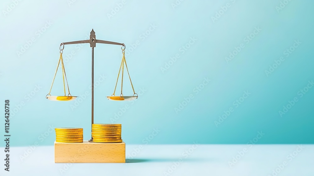 A scale with two sides and a pile of gold coins on one side A scale with two sides and a pile of gold coins on one side