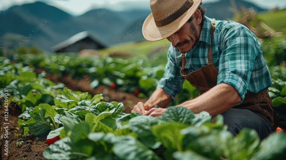 A farmer tending to a thriving organic vegetable garden, focusing on sustainable agriculture and healthy living. A farmer tending to a thriving organic vegetable garden, focusing on sustainable agriculture and healthy living.