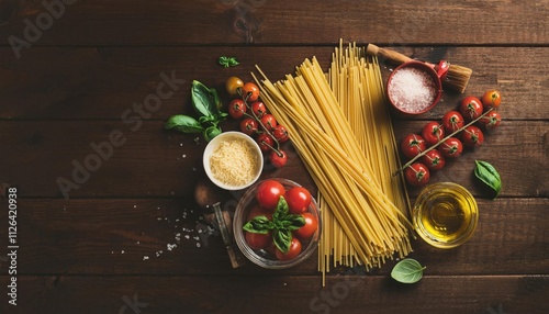 asty appetizing italian spaghetti pasta ingredients for kitchen cuisine with tomato, cheese parmesan, olive oil, fettuccine and basil on wooden brown table photo