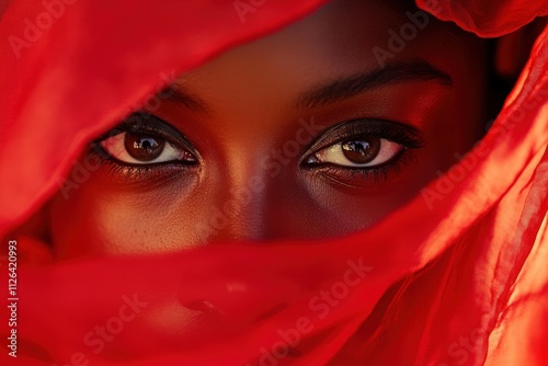 close-up of captivating eyes behind a red veil