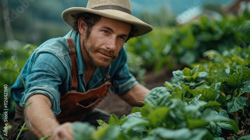 A farmer tending to a thriving organic vegetable garden, focusing on sustainable agriculture and healthy living.