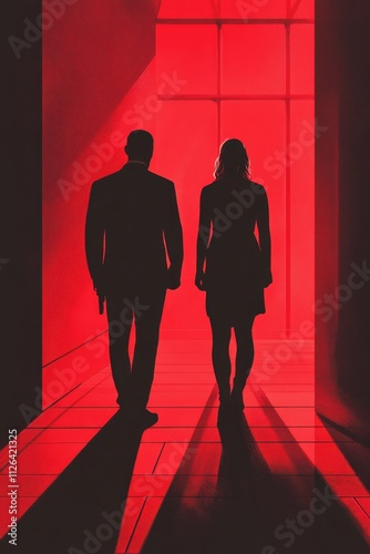 Silhouettes of a man and woman walking in a dramatic red-lit hallway, featuring bold shadows and minimalist cinematic art with intense atmosphere