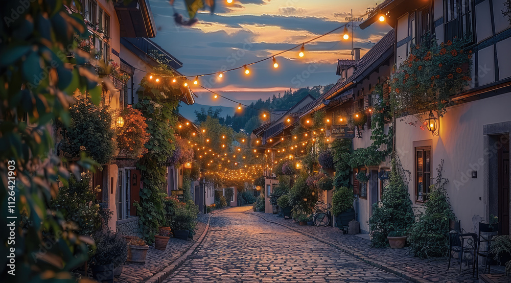 Obraz premium A small lights hanging between the houses and greenery on the facade, and cobblestone on the ground.