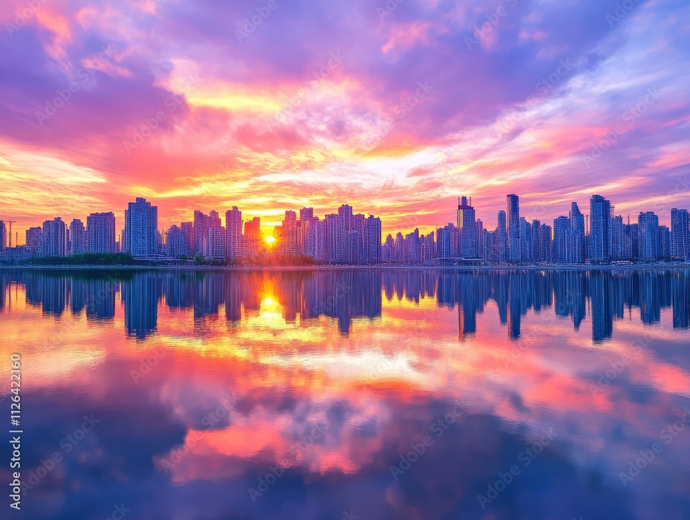 stunning sunset reflection over city skyline stunning sunset reflection over city skyline