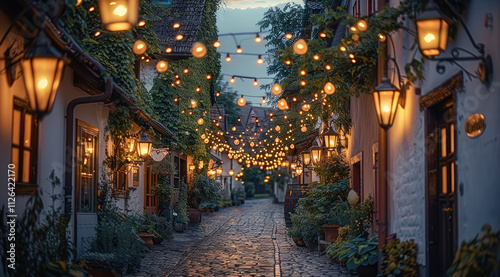 A small lights hanging between the houses and greenery on the facade, and cobblestone on the ground.