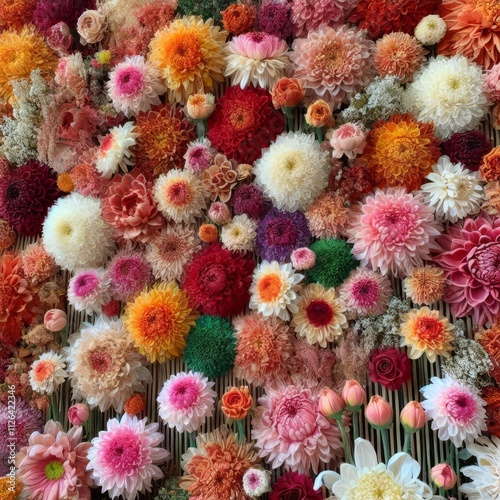 Flowers wall background with amazing red,orange,pink,purple,green and white chrysanthemum flowers ,Wedding decoration, hand made Beautiful flower wall background 