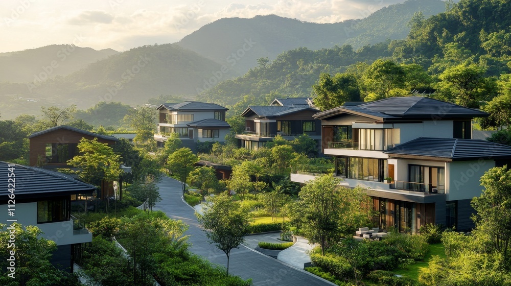 Serene Eco-Friendly Landscape with Modern Homes in Nature Serene Eco-Friendly Landscape with Modern Homes in Nature
