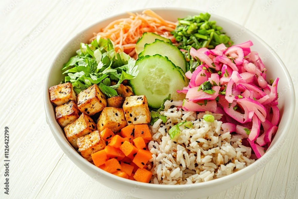 Bright colorful poke bowl with fresh vegetables, tofu, and rice Bright colorful poke bowl with fresh vegetables, tofu, and rice