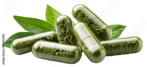 Herbal medicine capsule isolated on a transparent background, PNG.