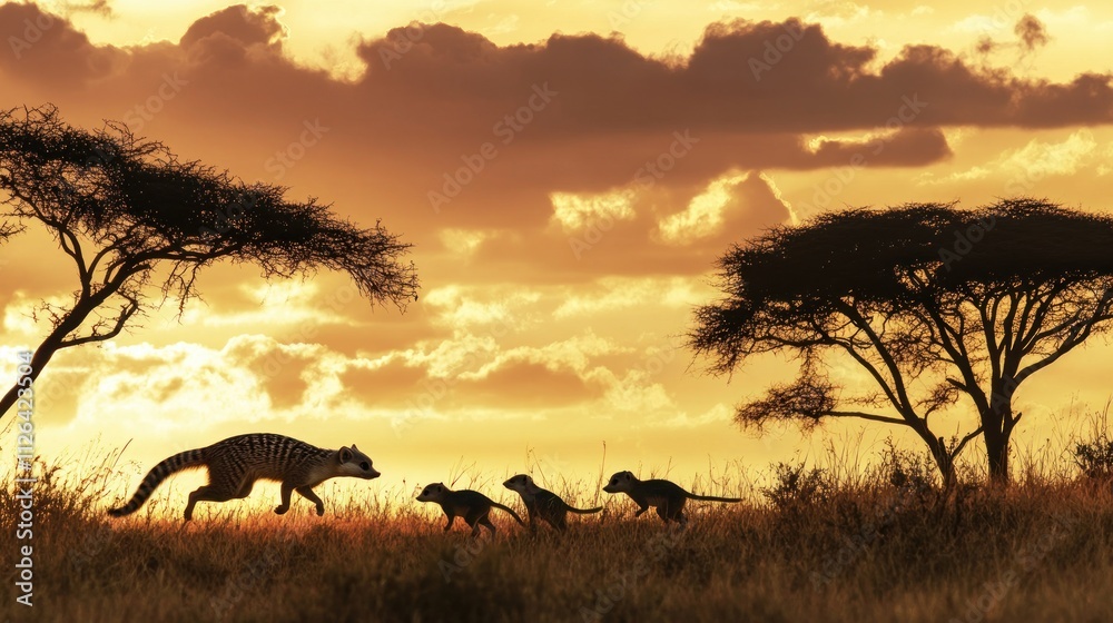 A silhouette of a hyena and three dinosaurs against a sunset backdrop in a grassy landscape. A silhouette of a hyena and three dinosaurs against a sunset backdrop in a grassy landscape.