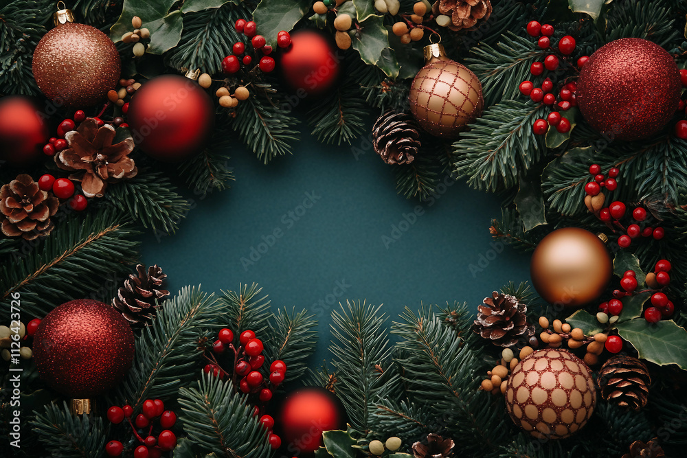 Generative AI picture with festive xmas decor and tree toys Generative AI picture with festive xmas decor and tree toys