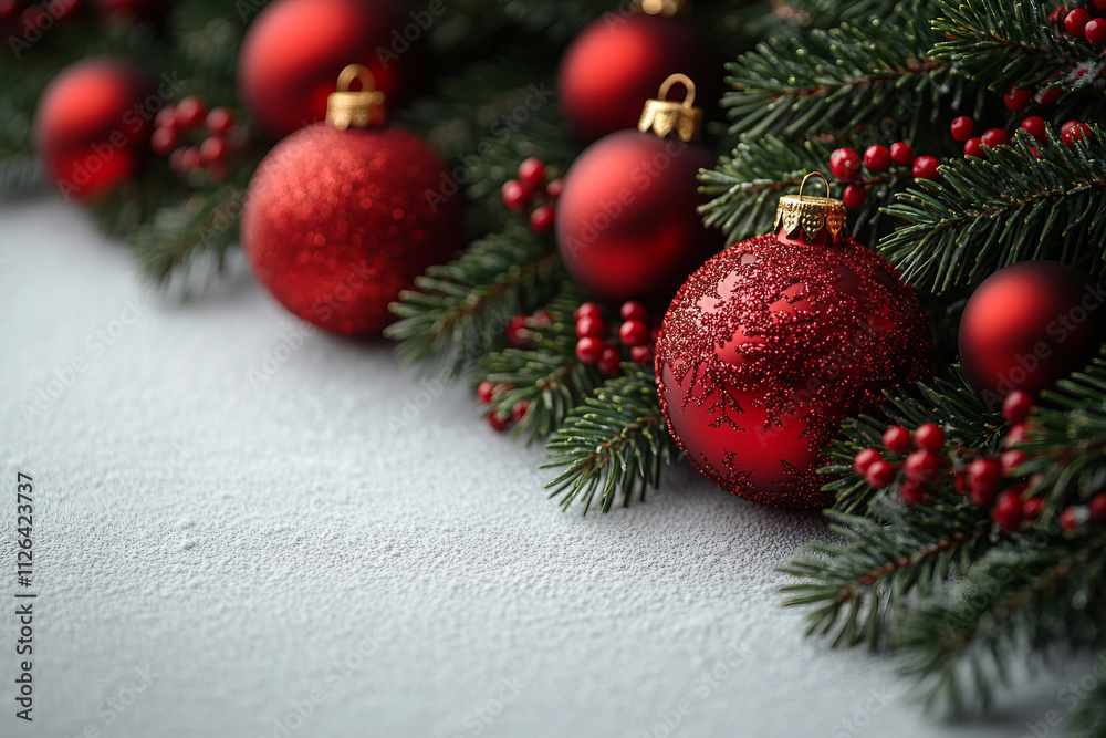 Generative AI image of shiny Christmas baubles in festive holiday colors against empty blank space for adv Generative AI image of shiny Christmas baubles in festive holiday colors against empty blank space for adv