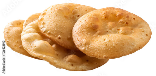 Indian puri flatbread isolated on a transparent background, top view, PNG.