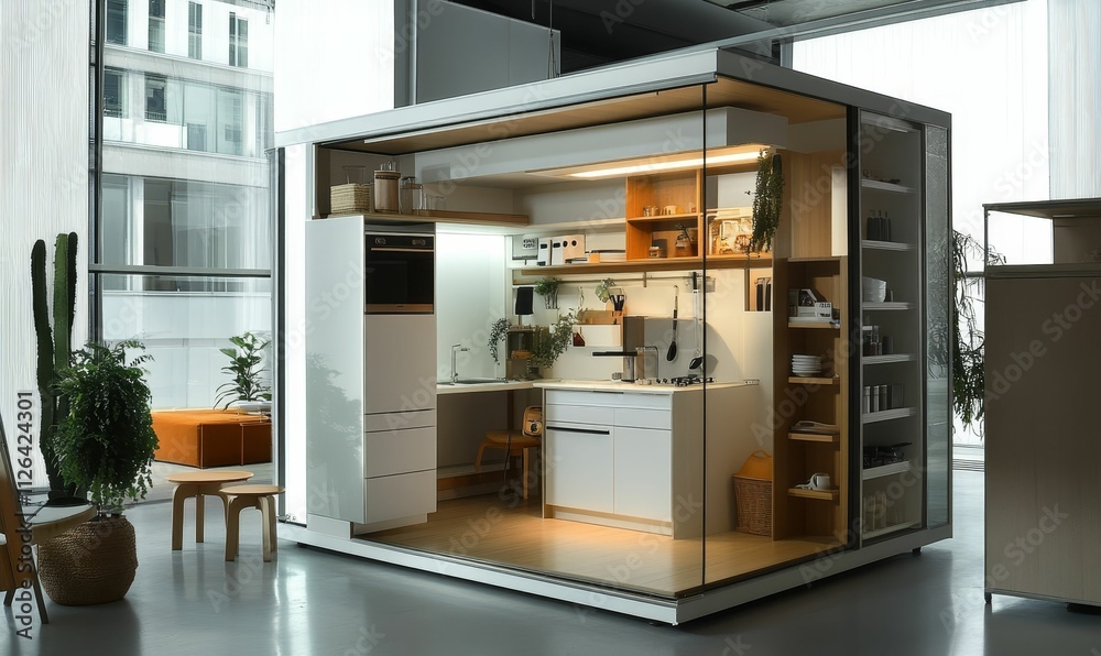 Modern minimalist kitchen unit, enclosed, compact design. Modern minimalist kitchen unit, enclosed, compact design.