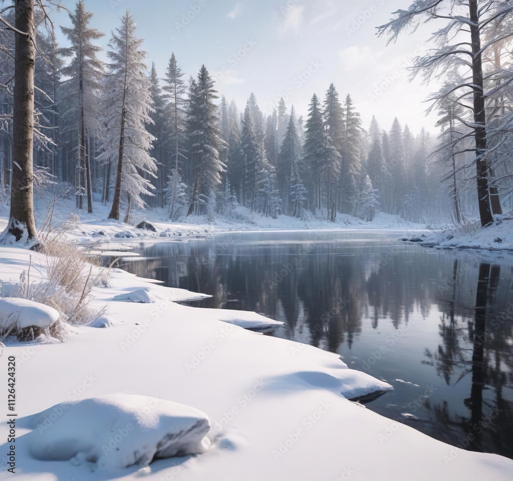 Snowy forest illuminated by soft white light with frozen lake in the distance, snowy forest, frozen lake, peaceful scene Snowy forest illuminated by soft white light with frozen lake in the distance, snowy forest, frozen lake, peaceful scene