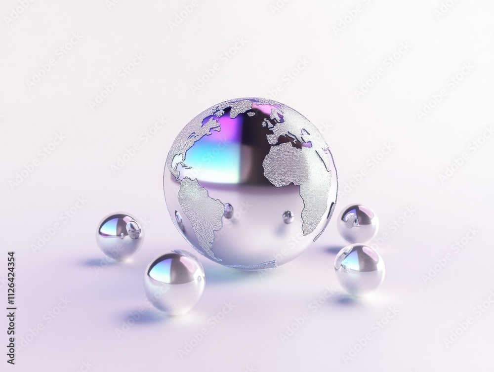 metallic globe with reflective spheres on a light background metallic globe with reflective spheres on a light background