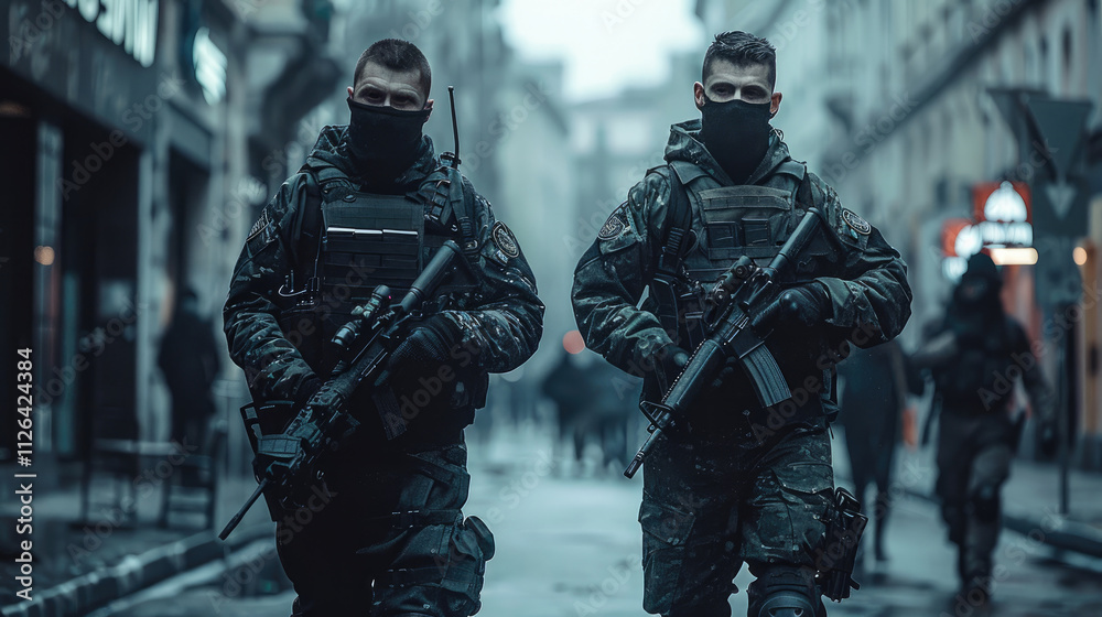 Two special agents in uniform with weapons walking into a street. Two special agents in uniform with weapons walking into a street.