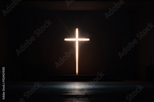 religious symbolism, an orthodox cross shines bright in the dim church, providing a soft light for the congregation gathered photo