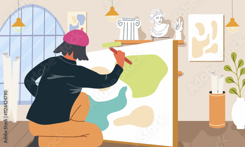 Art studio interior. Classroom, workshop of creative class, drawing school. Painting atelier with paper, canvas on easels, tools, supplies, a model for painting. Hand drawn flat vector illustration. photo