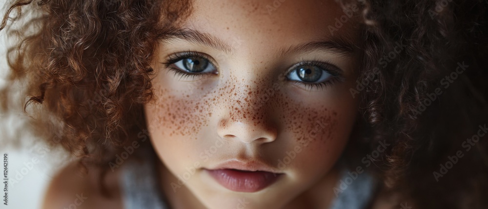 close-up portrait of a child with curly hair and freckles close-up portrait of a child with curly hair and freckles