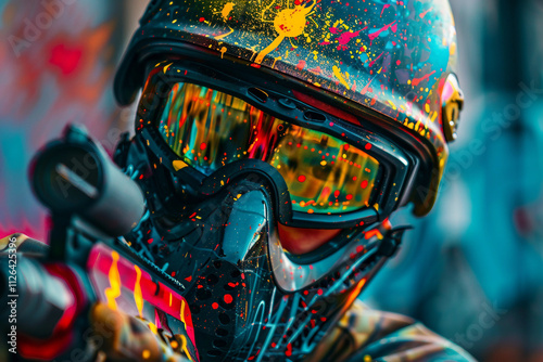 Dynamic paintball player in action with vibrant splashes of color - Generative AI artwork photo