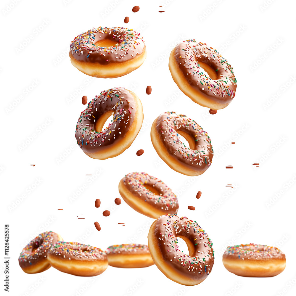 Delicious donuts in free fall, showcasing colorful sprinkles and sweet treats in a mouthwatering composition, perfect for dessert or snack concepts, PNG image, Cutout, Isolated on white background Delicious donuts in free fall, showcasing colorful sprinkles and sweet treats in a mouthwatering composition, perfect for dessert or snack concepts, PNG image, Cutout, Isolated on white background