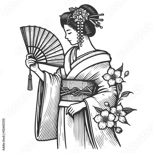  graceful geisha in traditional attire, adorned with flowers and hairpins, holding a decorative fansketch engraving generative ai vector illustration. Scratch board imitation. Black and white image.
