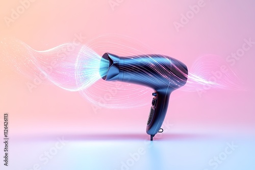 Stylized hair dryer with flowing neon lines on gradient background photo