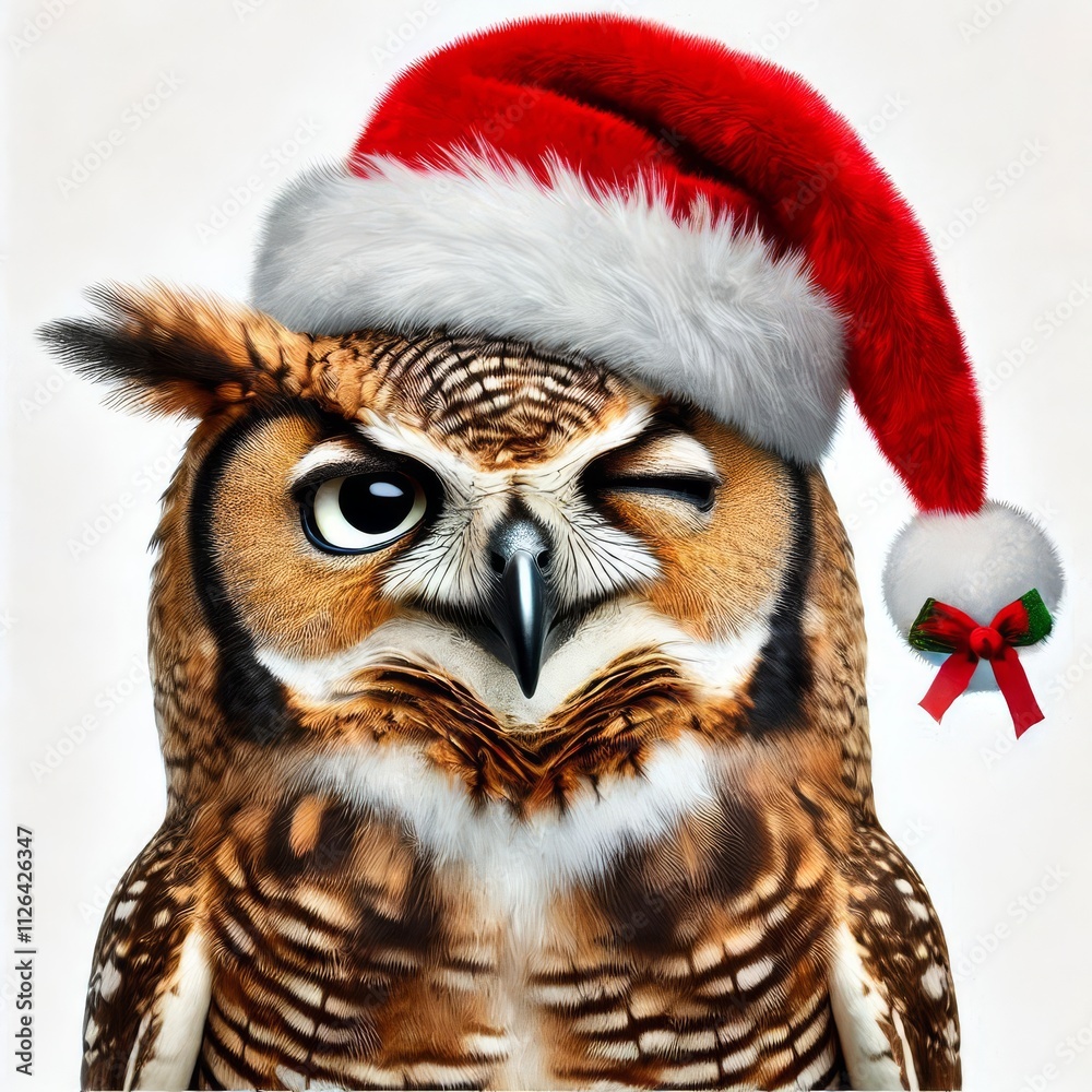 Obraz premium funny owl with tilted head in santa claus hat on white isolated background 