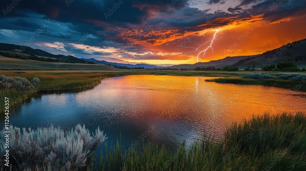 Obraz premium dramatic sunset over a tranquil lake with lightning