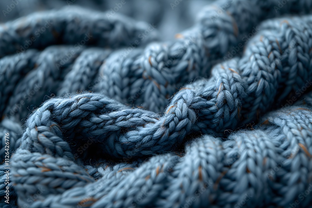 Cozy Winter Texture: Close-Up of Soft Blue Knitted Fabric Woven in Detailed Patterns Cozy Winter Texture: Close-Up of Soft Blue Knitted Fabric Woven in Detailed Patterns
