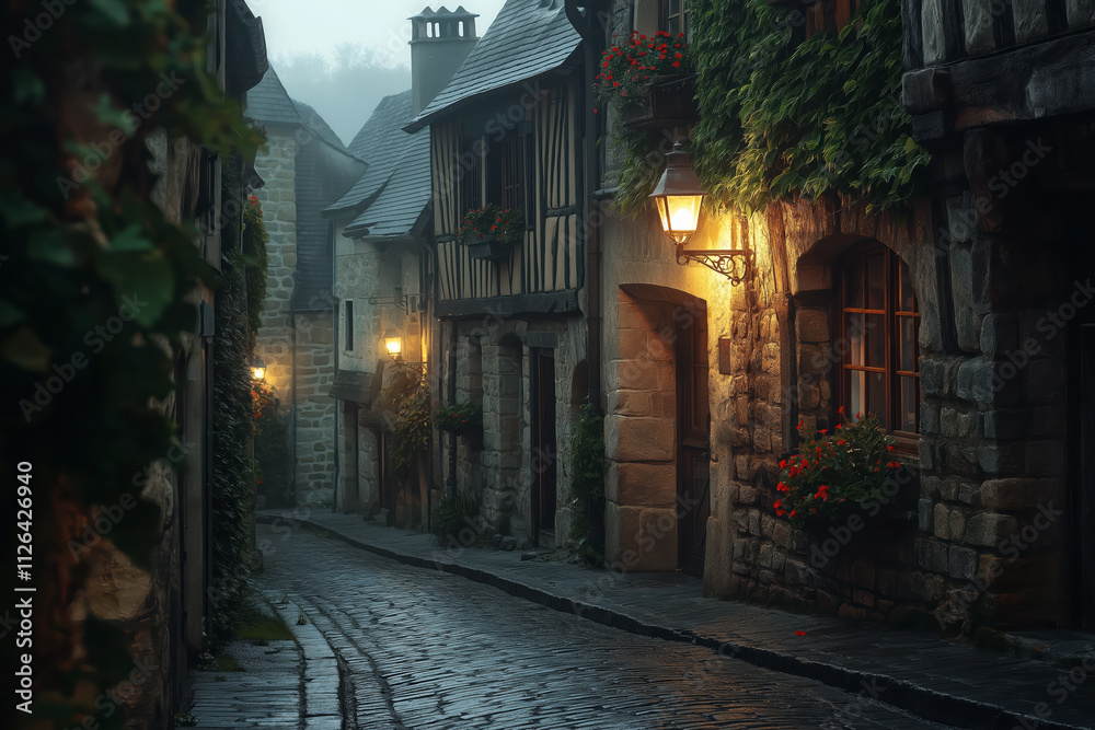 Fototapeta premium Medieval Village Street at Night with Stone Buildings and Lanterns in Foggy Atmosphere