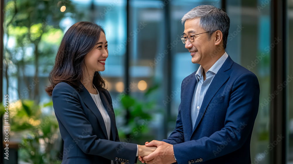 Middle-aged Asian partners shaking hands after finalizing a contract agreement. Middle-aged Asian partners shaking hands after finalizing a contract agreement.
