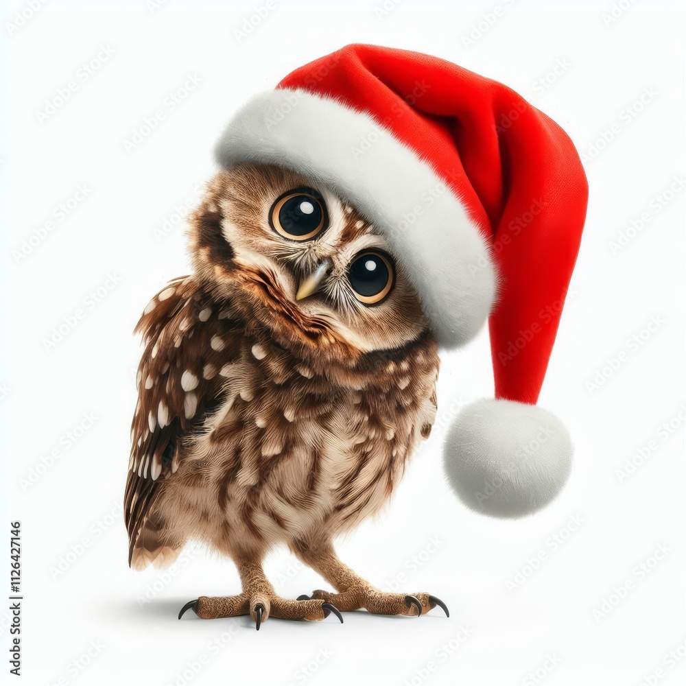 Obraz premium funny owl with tilted head in santa claus hat on white isolated background 