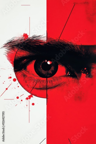 Abstract illustration of a focused human eye with bold red and white background, ink splatter details, and geometric lines for a striking composition