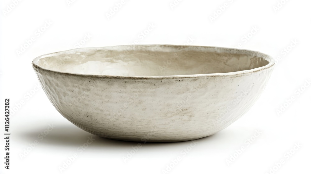 Ceramic white bowl isolated against a clean white background, emphasizing texture and shape, minimalism, kitchenware, dining, cooking supplies.