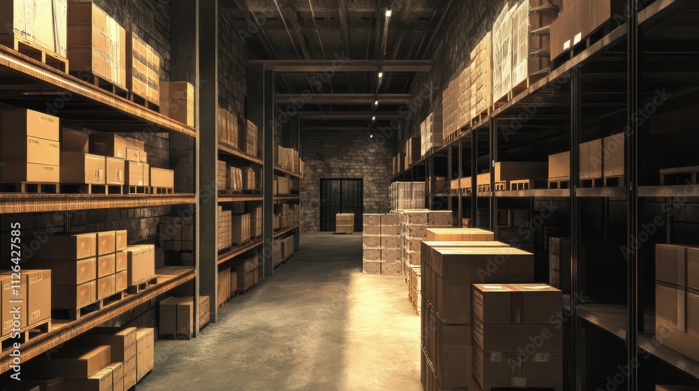 Obraz premium Modern warehouse interior filled with neatly organized storage boxes and shelves for efficient inventory management and logistics operations