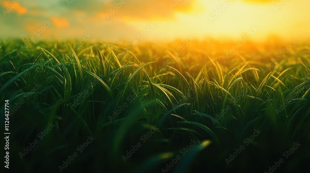Fototapeta premium Serene sunset glow over lush green grass field creating a tranquil natural background for relaxation and meditation themes