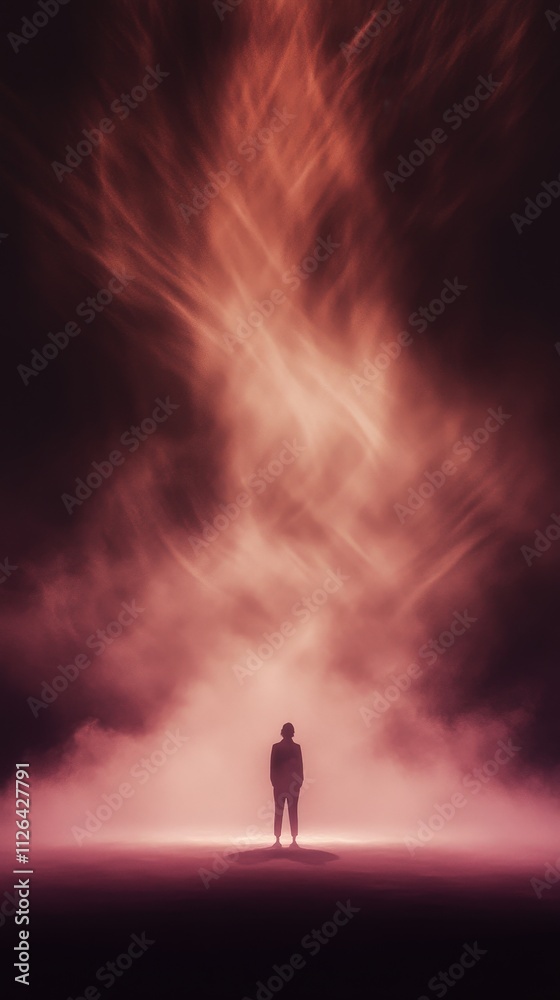A solitary figure stands in a mystical haze, illuminated by vibrant light, evoking a sense of wonder and introspection in an ethereal atmosphere. A solitary figure stands in a mystical haze, illuminated by vibrant light, evoking a sense of wonder and introspection in an ethereal atmosphere.